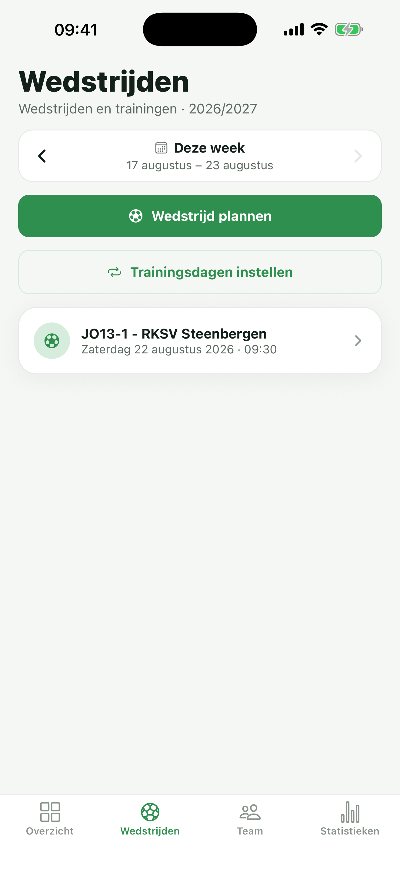 Wedstrijdenscherm van Selectie met de weekagenda vol wedstrijden en trainingen
