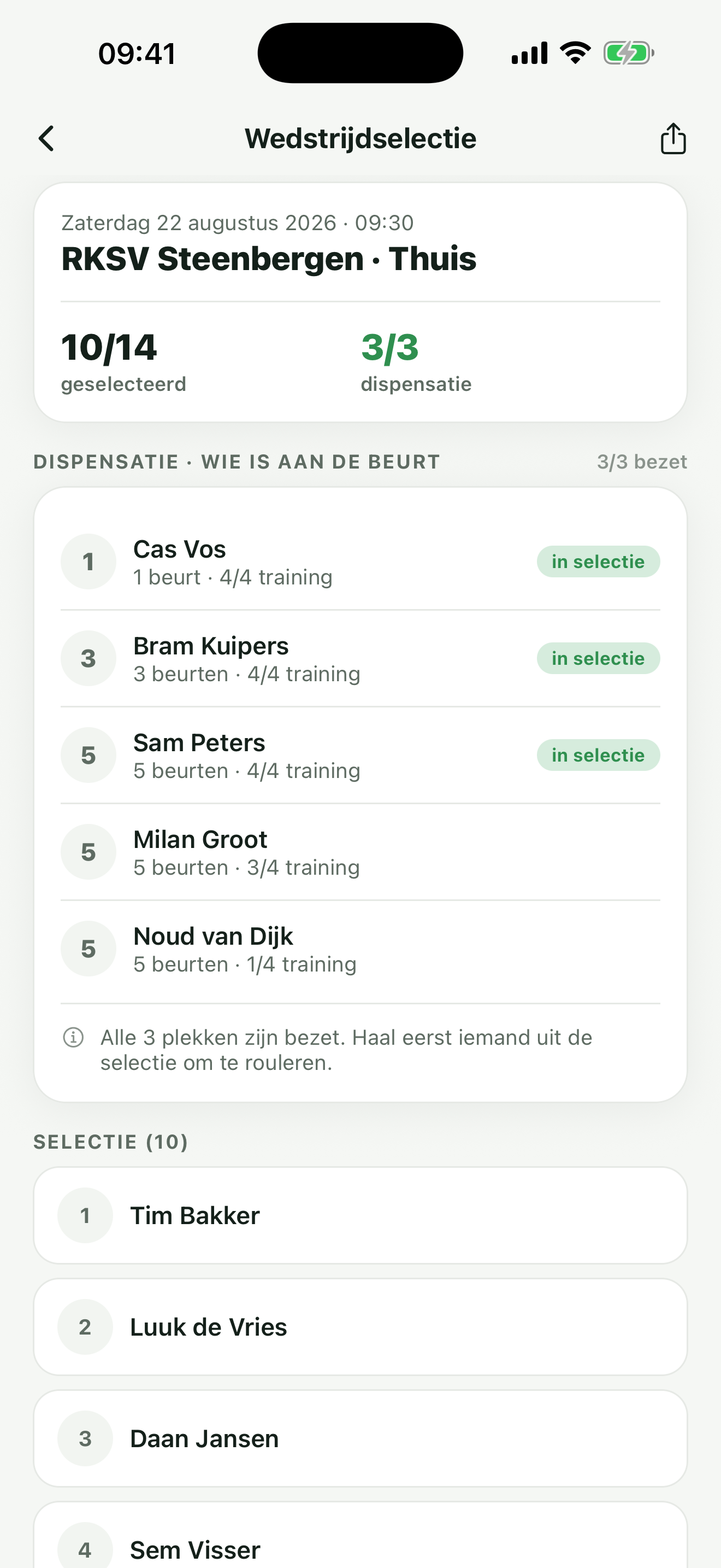 Dispensatierotatie in Selectie met de tellers 10/14 en 3/3 en de rotatielijst met beurten en trainingsopkomst