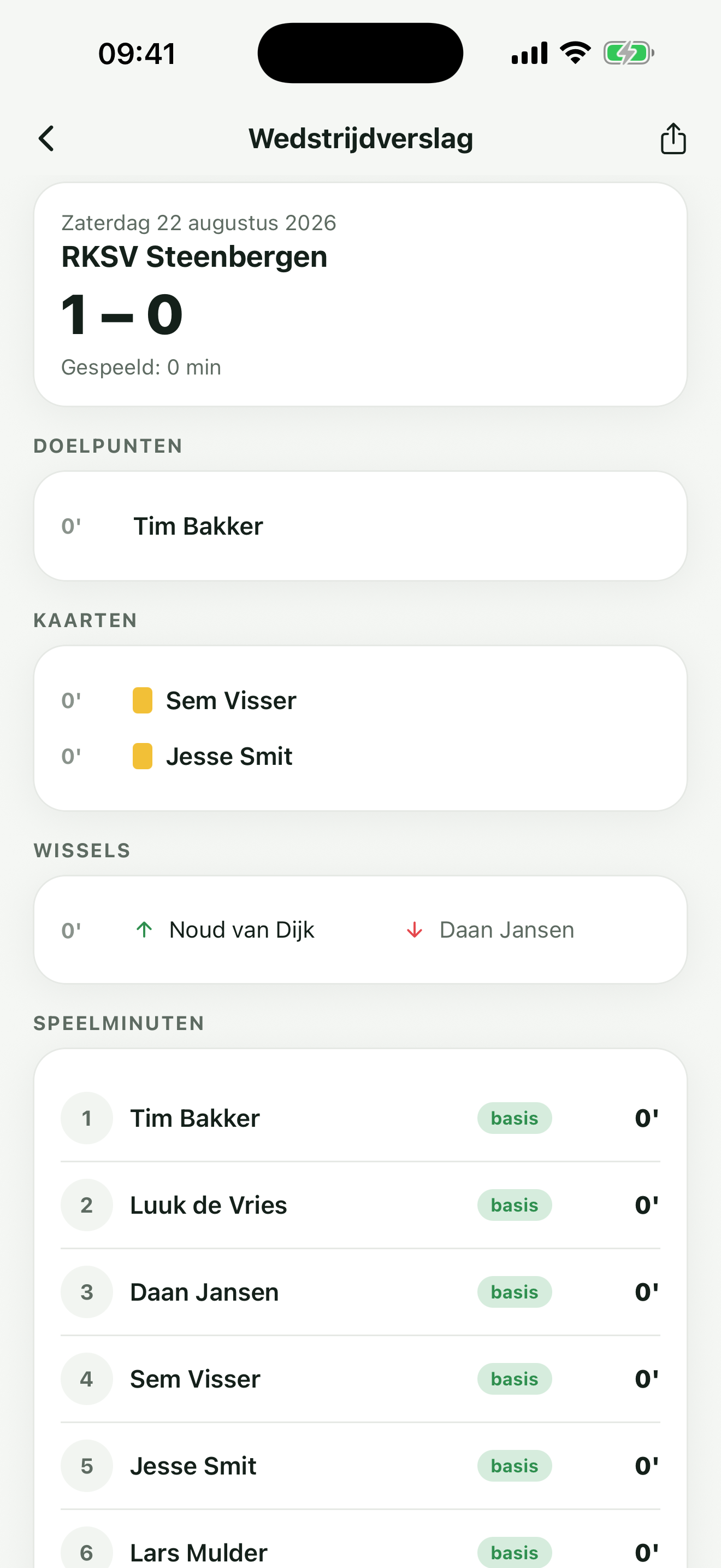 Wedstrijdverslag in Selectie met een tijdlijn van doelpunten, kaarten en wissels en de speelminuten eronder